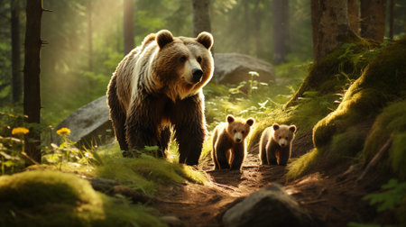 Brown bear with cubs in the forest. Wildlife scene from nature.の素材