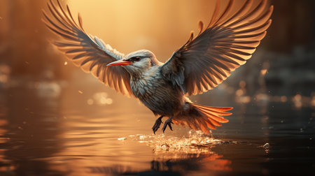 Flying seagull on the lake at sunset. Bird in flight.の素材