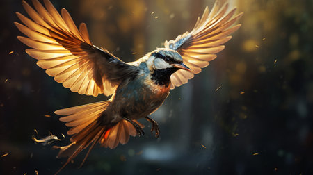 A bird in flight on a background of the autumn forest. Bird in flight.の素材