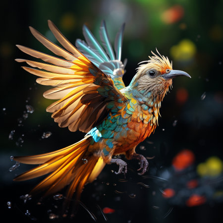 3d rendering of a colorful bird in the rain on a blurred backgroundの素材