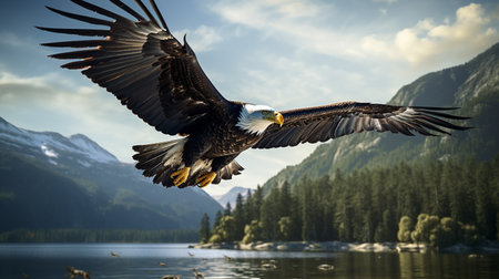 Bald Eagle in flight over a lake in Alaska, USA.の素材
