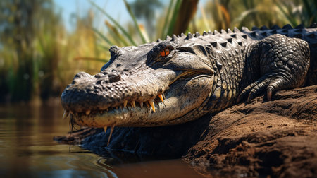 Crocodile with open mouth in the water. Crocodile in natural habitatの素材