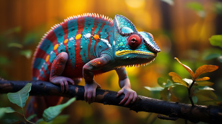 Colorful chameleon on a branch in the forest, close upの素材