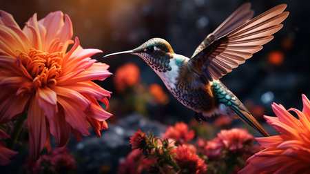 Cute hummingbird flying over beautiful flowers in the garden. Wildlife scene from nature.の素材