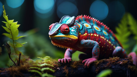 Colorful chameleon on a branch, close up.の素材