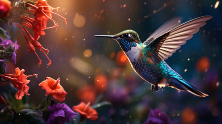 Hummingbird in flight with flowers and bokeh background.の素材