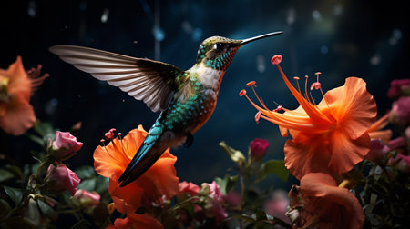 Hummingbird flying over beautiful flowers. Collage. Toned.の素材