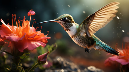 Hummingbird with flower in garden. Wildlife scene from tropics.の素材