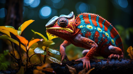 Colorful chameleon in the forest, close up.の素材