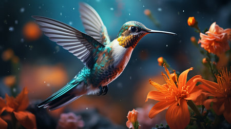 Hummingbird with orange flowers in the background. Collage.の素材