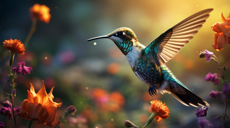 Hummingbird in flight with flowers in the background. Collage.の素材