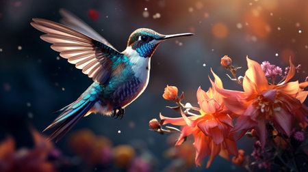 Hummingbird flying over flowers with bokeh effect. Collage.の素材