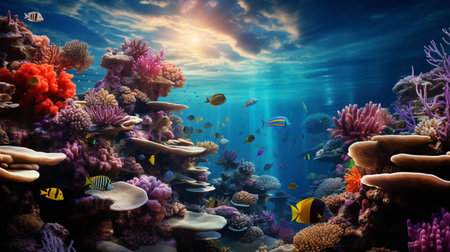 Underwater world with corals and tropical fish. 3d renderingの素材