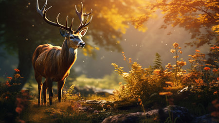 Beautiful red deer in the forest at sunrise. 3d renderingの素材