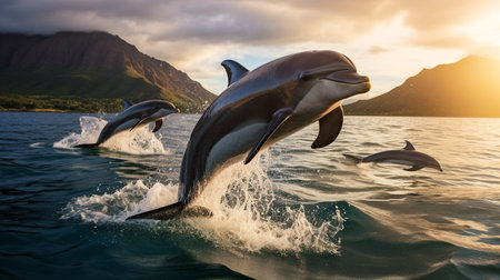 Dolphins jumping out of the water at sunset. Scientific name: Tursiops truncatus. South Africa.の素材