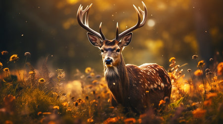 Deer in the autumn forest. Wild animal in the nature habitat.の素材