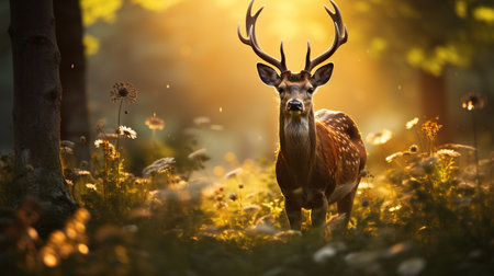 Fallow deer stag with antlers in the forest at sunset.の素材