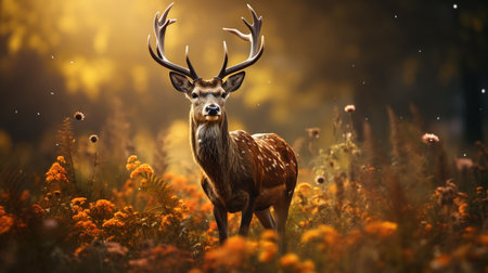 Deer in a meadow at sunset. 3d rendering.の素材