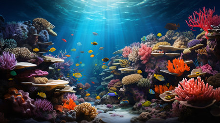 Underwater world with corals and tropical fish. 3d renderingの素材