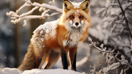 Red fox in the winter forest. Beautiful wild animal in winter forest.の素材