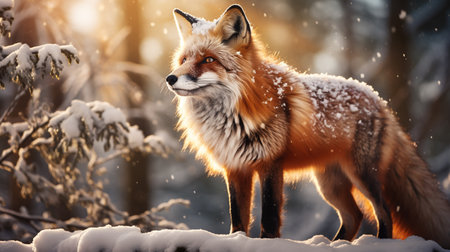 Red fox in the snowy forest. Beautiful wild animal in winter forest.の素材