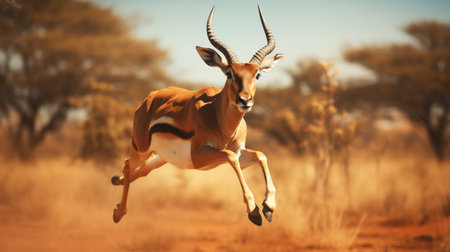 Male Impala - Aepyceros melampus - jumping in the bushの素材