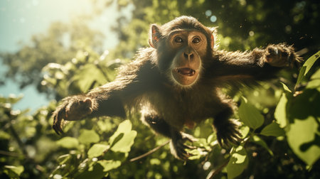 Chimpanzee monkey on a tree branch in the forest.の素材