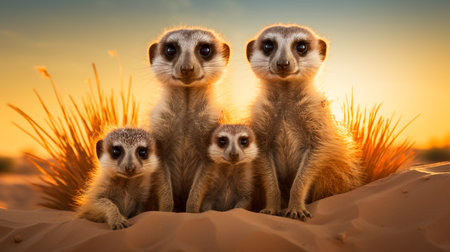 Group of meerkats standing in the sand and looking at cameraの素材