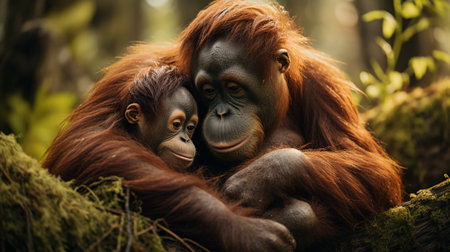 Mother and baby of orangutan in the rainforest of Borneo.の素材