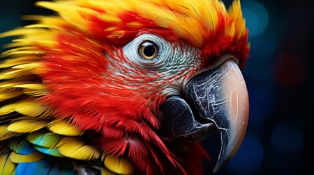 beautiful Scarlet macaw parrot close-up on a dark backgroundの素材
