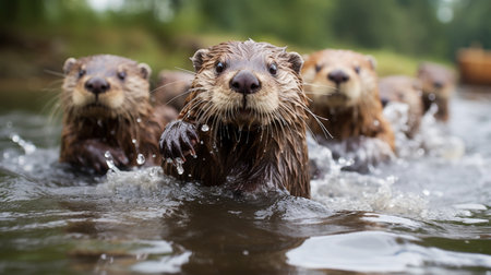 Group of wet Asian small-clawed otters swimming in waterの素材