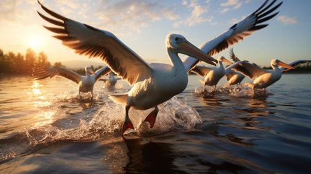 White Pelican (Pelecanus onocrotalus) in flight at sunset.の素材