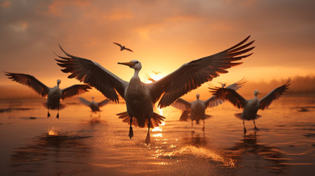 Group of seagulls flying in the sky at sunset.の素材