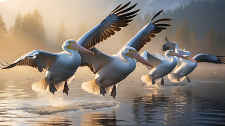 Pelicans on the lake in the winter in the mountains.の素材