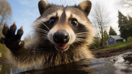 Portrait of a raccoon on a background of a pond.の素材