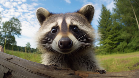 Portrait of a raccoon on a background of the forest.の素材