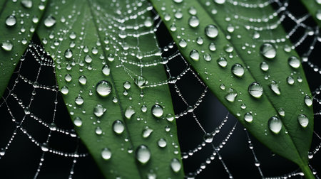 Water droplets on the leaves of a spider web. Macro.の素材