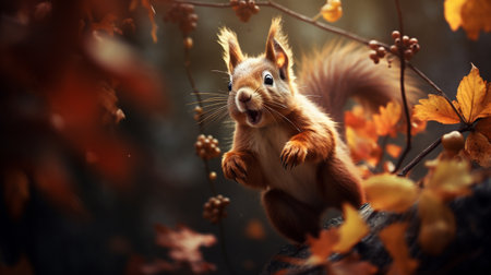 Squirrel in the autumn forest. Beautiful red squirrel in autumn forest.の素材