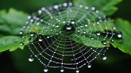 Spider web with water drops on a green leaf. Shallow depth of field.の素材