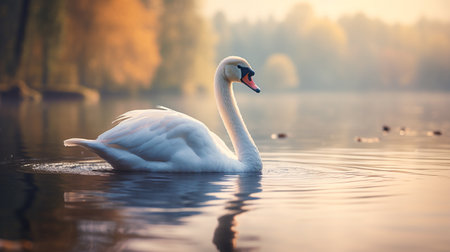 Beautiful white swan swimming on a lake at sunrise in autumnの素材