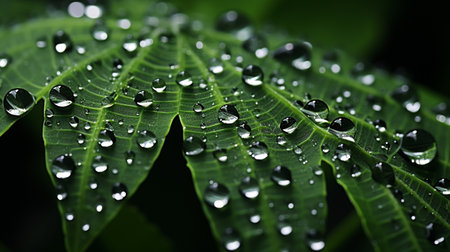Water droplets on a green leaf in the rain. Macro photographyの素材