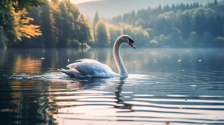 Beautiful white swan swimming on the lake in the autumn.の素材