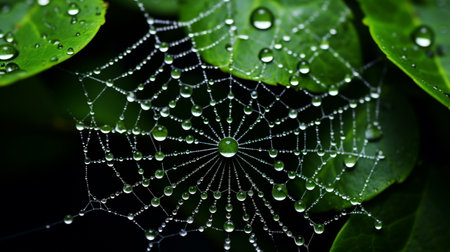 Spider web with dew drops close up on green leaf background.の素材