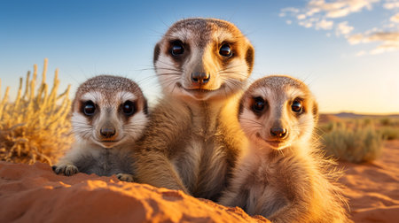 Three meerkats sitting in the sand and looking at the cameraの素材