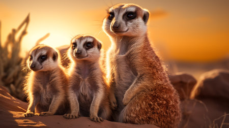 Group of meerkats sitting on sand and looking at camera.の素材