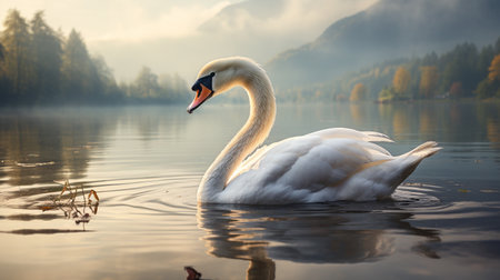 Beautiful white swan swimming on the lake at sunrise. Nature composition.の素材