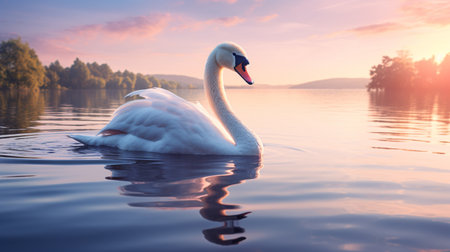 Beautiful white swan swimming on the lake at sunset. Beautiful swan swimming on the lake at sunset.の素材