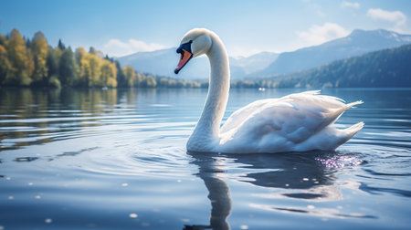 Beautiful white swan swimming on the lake. Lake Bled, Sloveniaの素材