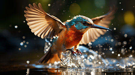 Kingfisher taking off from the water and splashing on itの素材