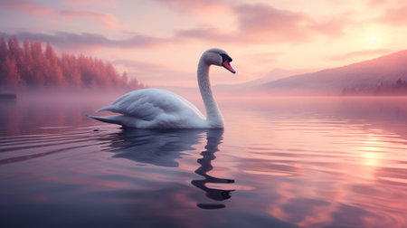 Swan on a lake at sunset. Beautiful winter landscape with swan.の素材